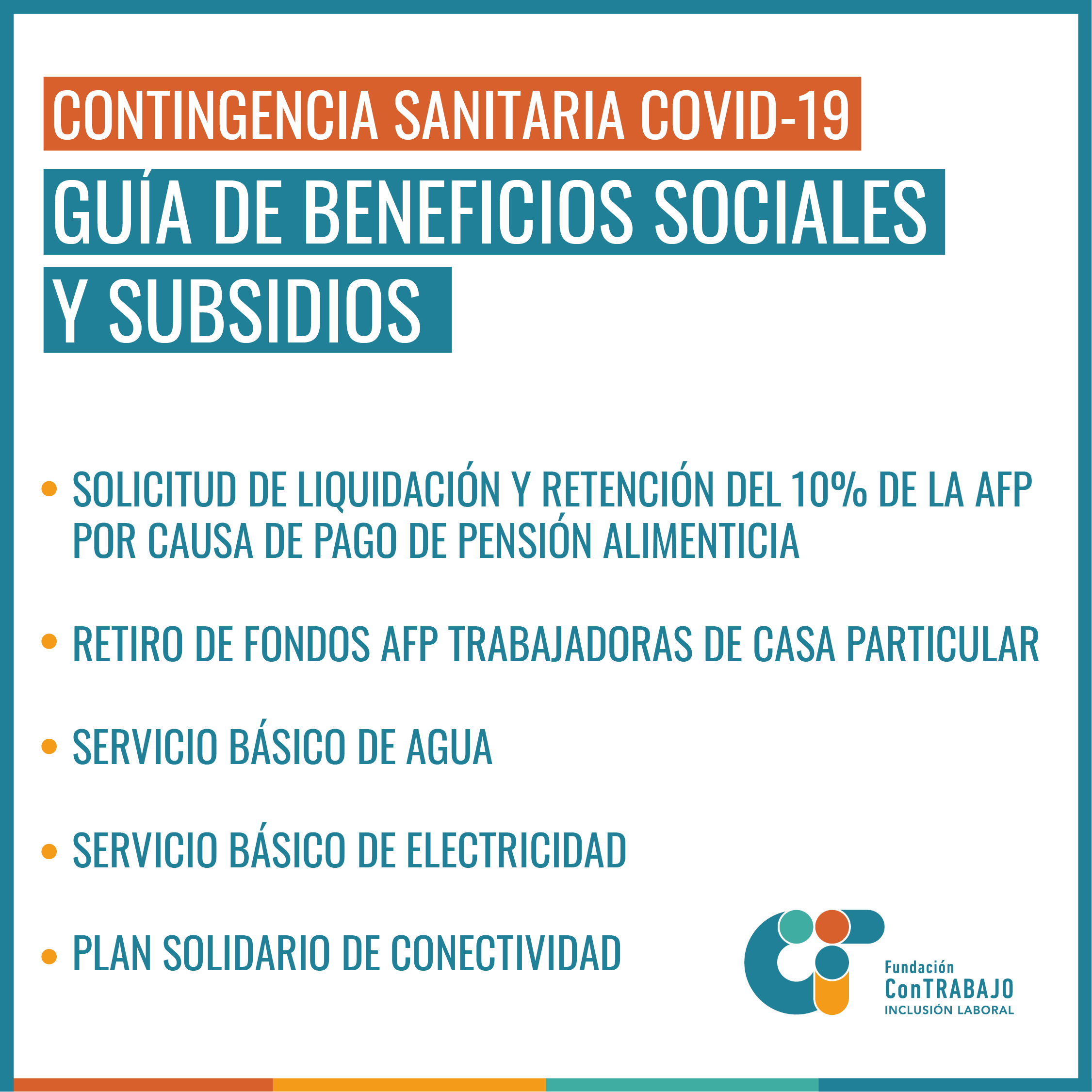 guía de beneficios sociales y subsidios: retención del 10% de afp por pensión alimenticia, retiro fondos afp para trabajadoras de casa particular, servicio básico de agua y de electricidad, plan solidario de conectividad, bono para la clase media